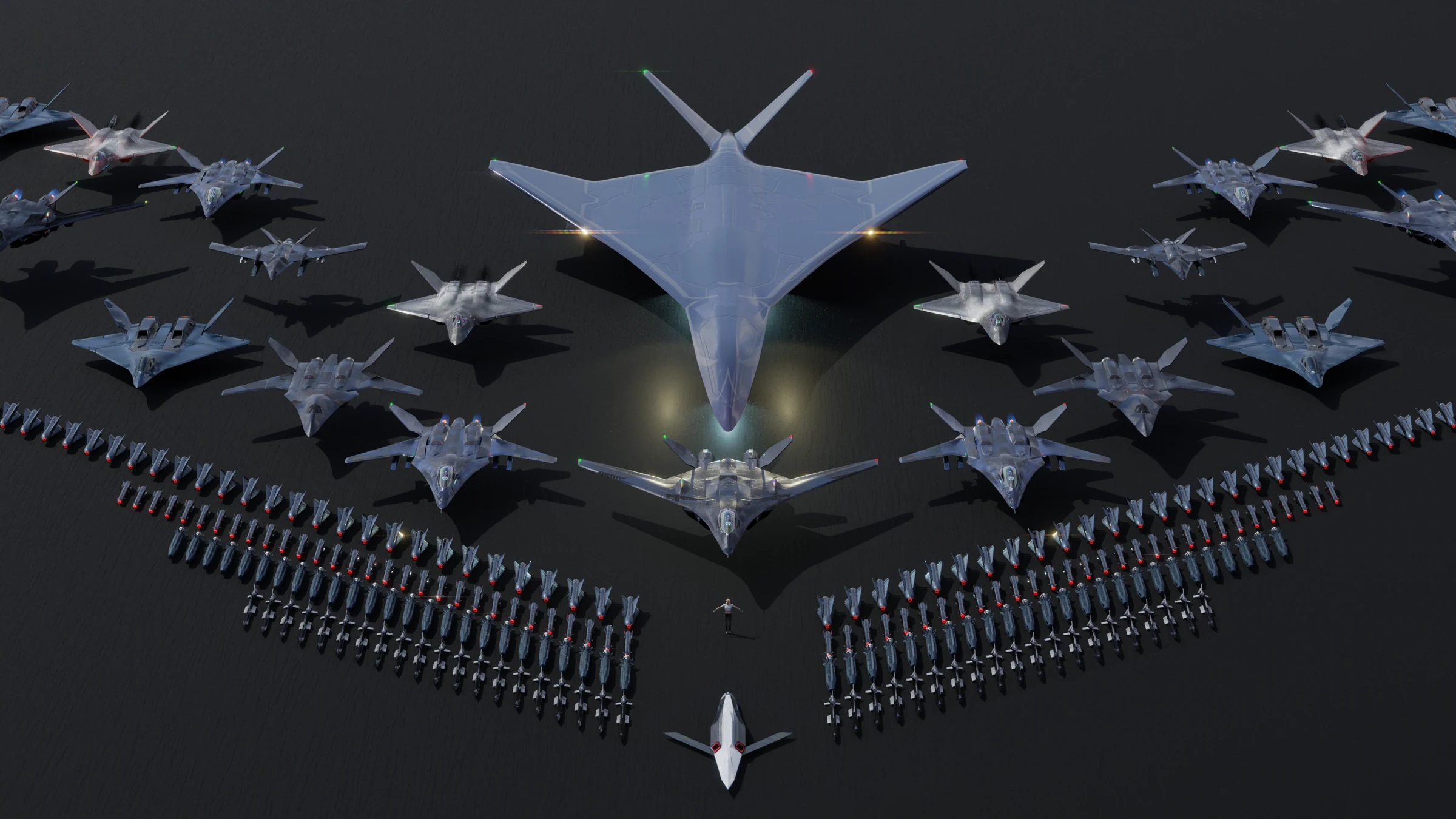 A family of original aircraft concepts arranged in a shared rendered scene.