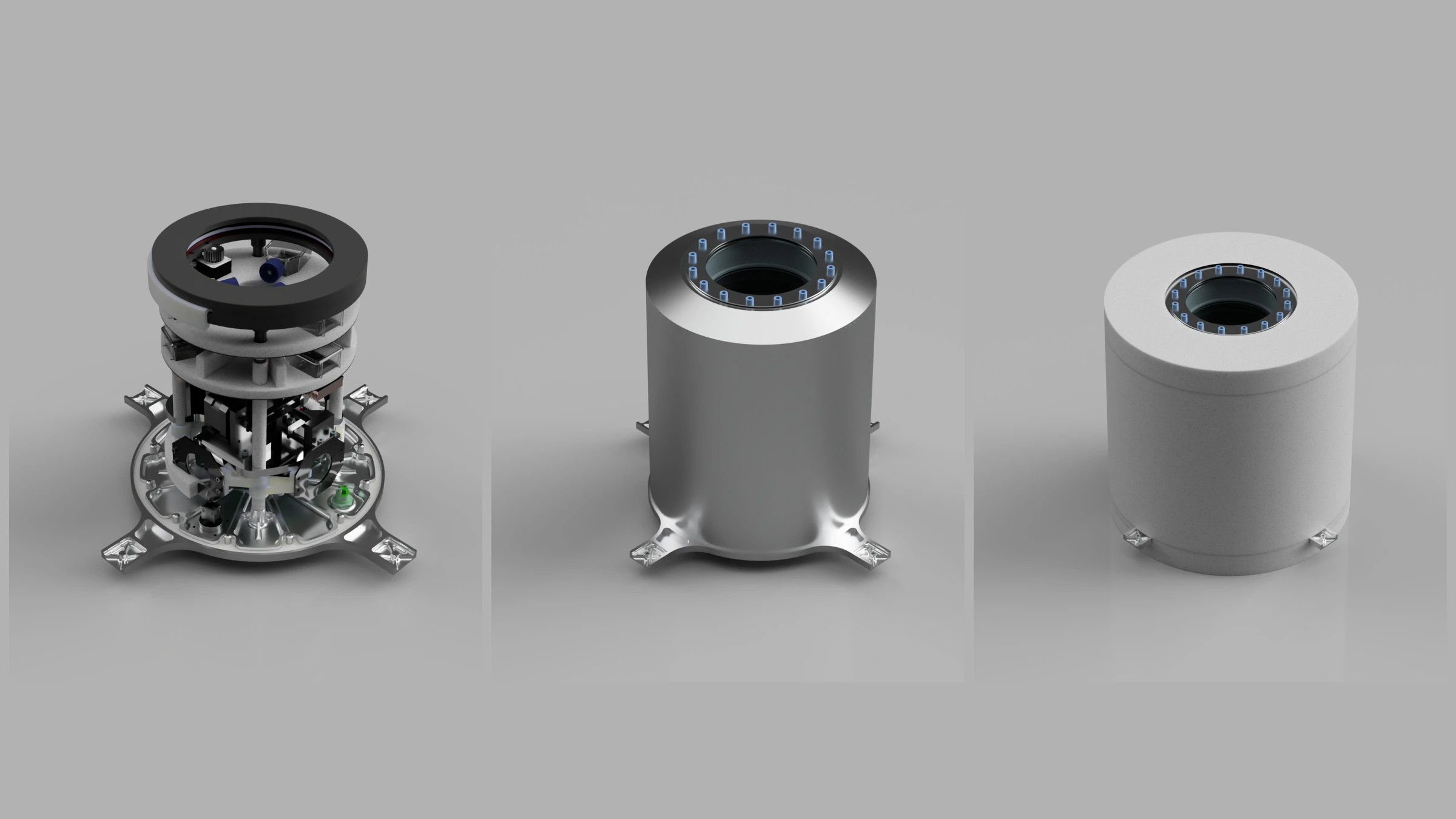 Biological payload internal assembly beside aluminium enclosure and insulation views.