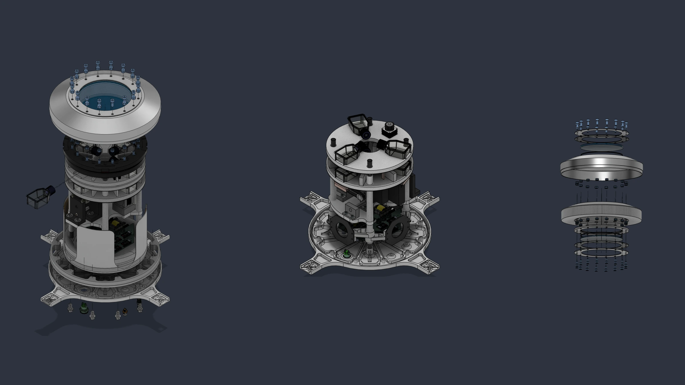 CAD assembly and exploded views of the payload’s layered internal architecture.