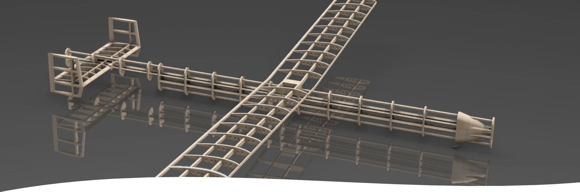 CAD model of a wooden glider with exposed wing ribs, fuselage spars and T-tail.