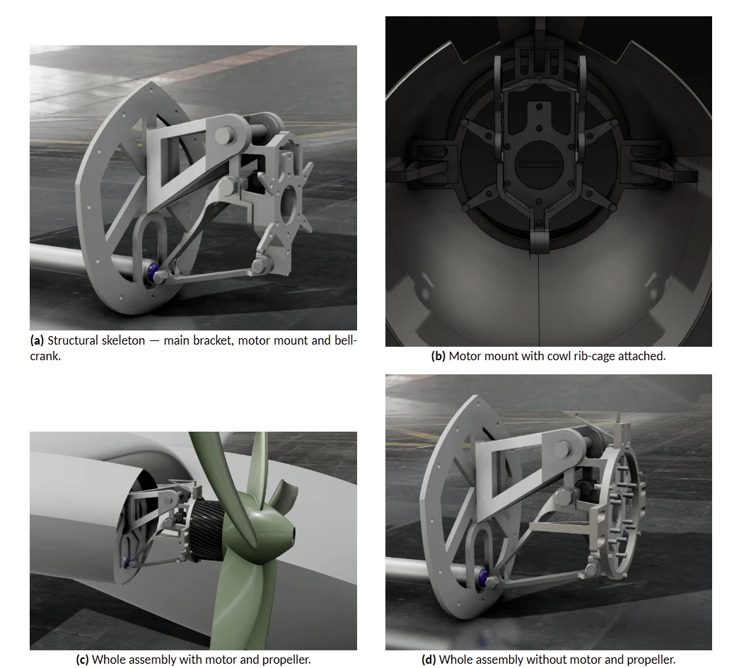 Motor-mount CAD views showing the bracket and surrounding tilt assembly.