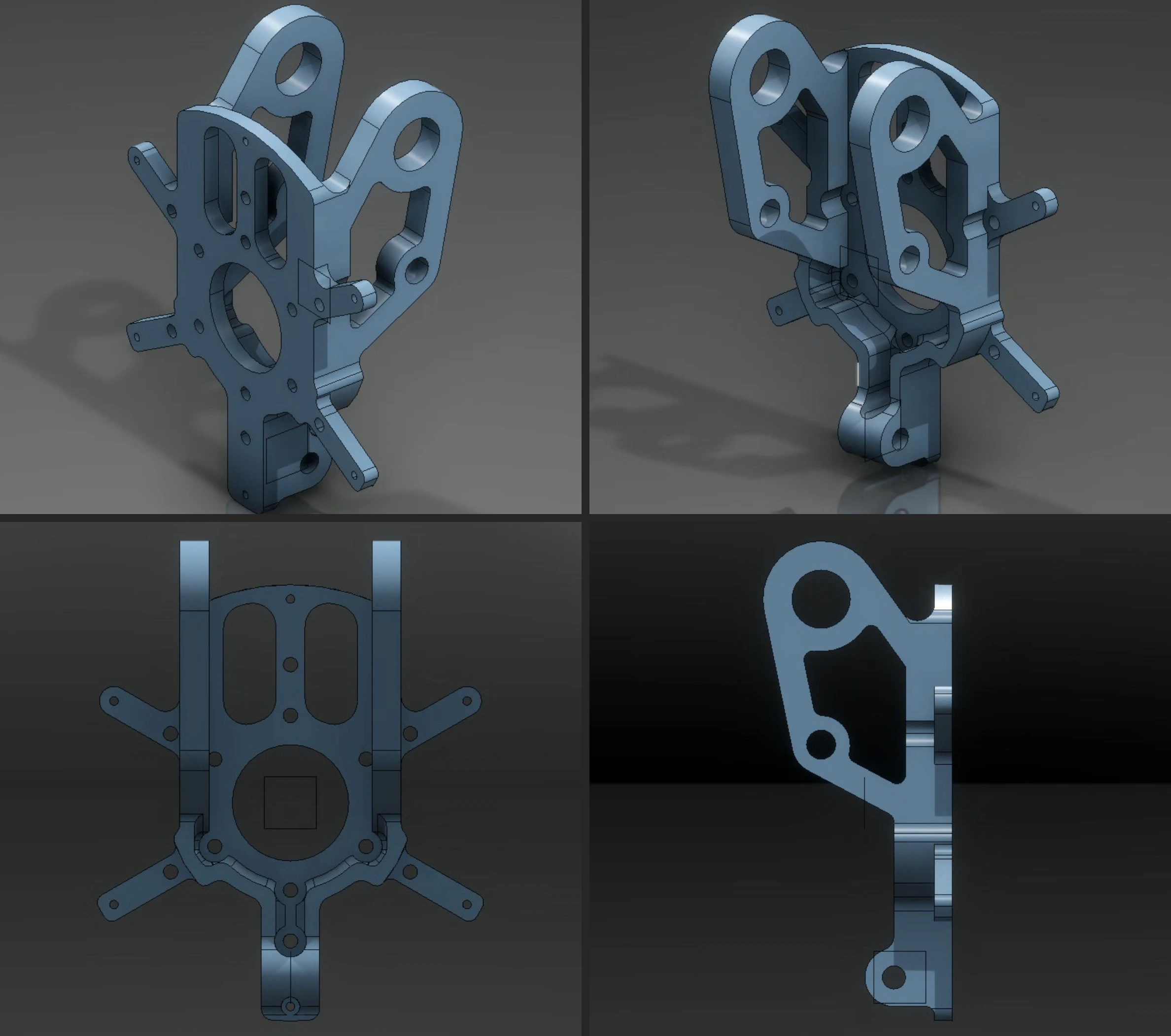 Four CAD views of the final aluminium motor-mount bracket.