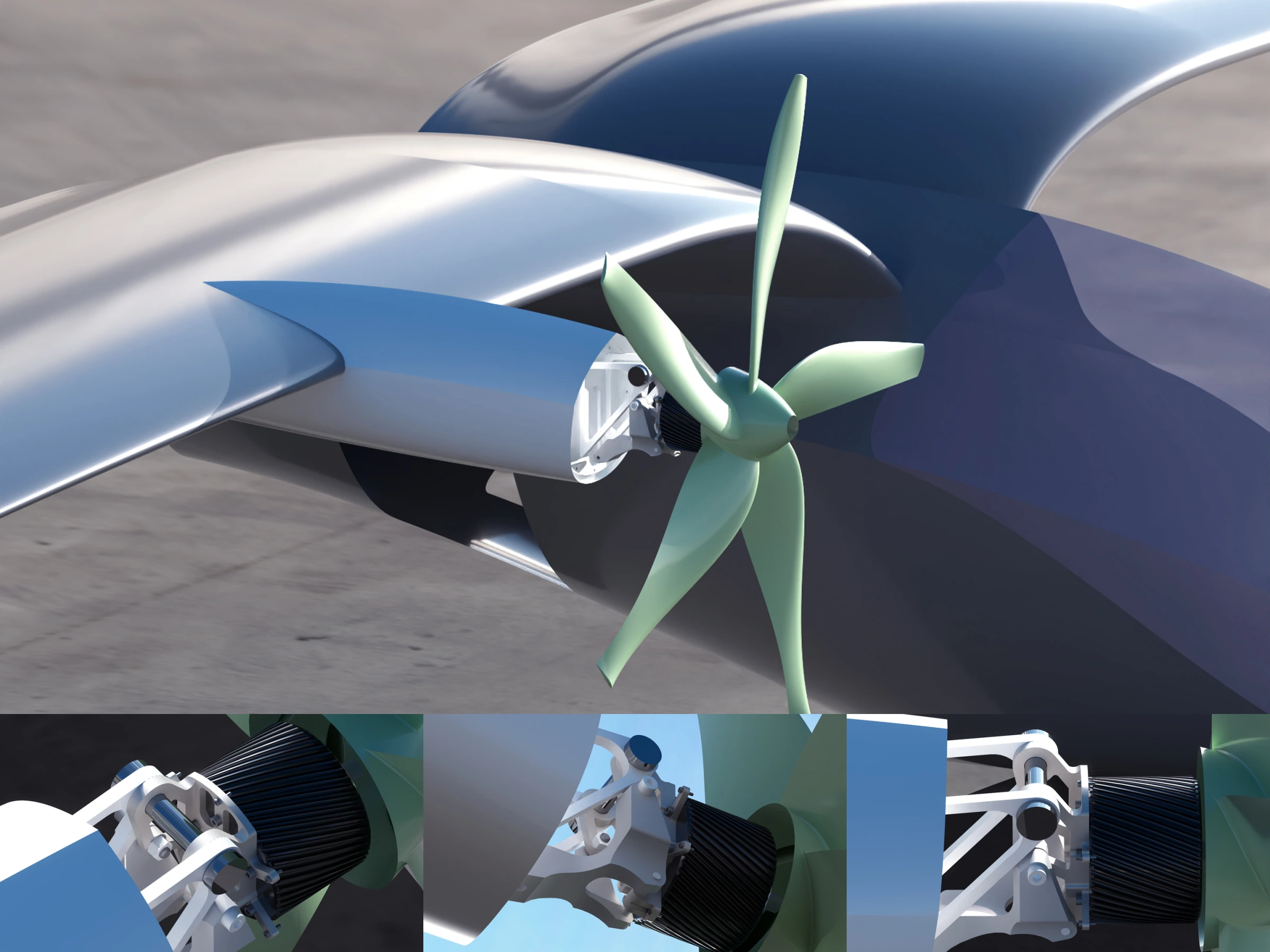 Motor mount within a tilting propulsion assembly, with detail views of the bracket.