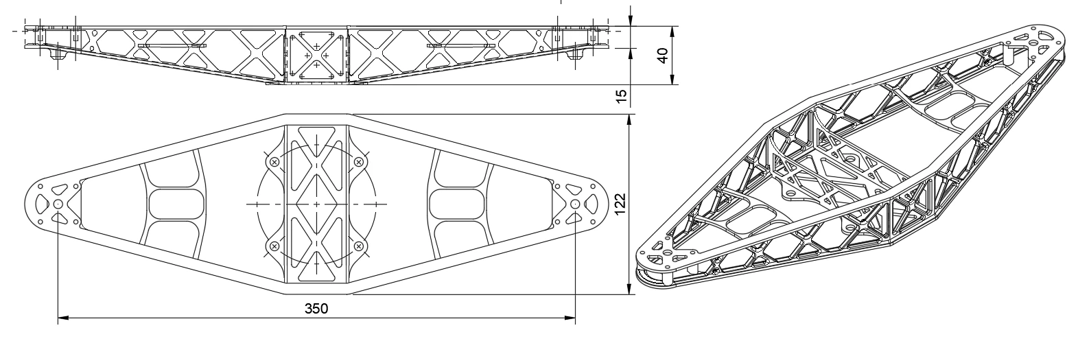 Dimensioned drawing of the printable truss airframe.
