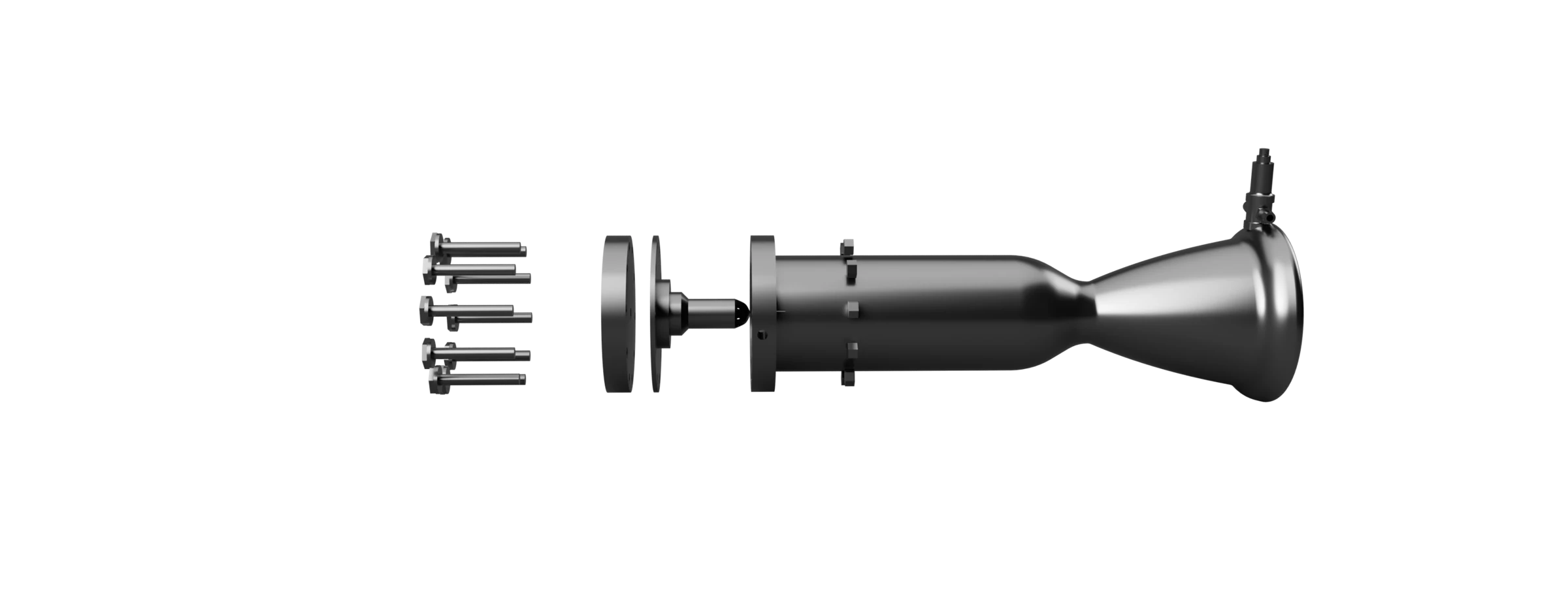 Exploded CAD view of a rocket-engine assembly with backplate, injector, chamber and nozzle.