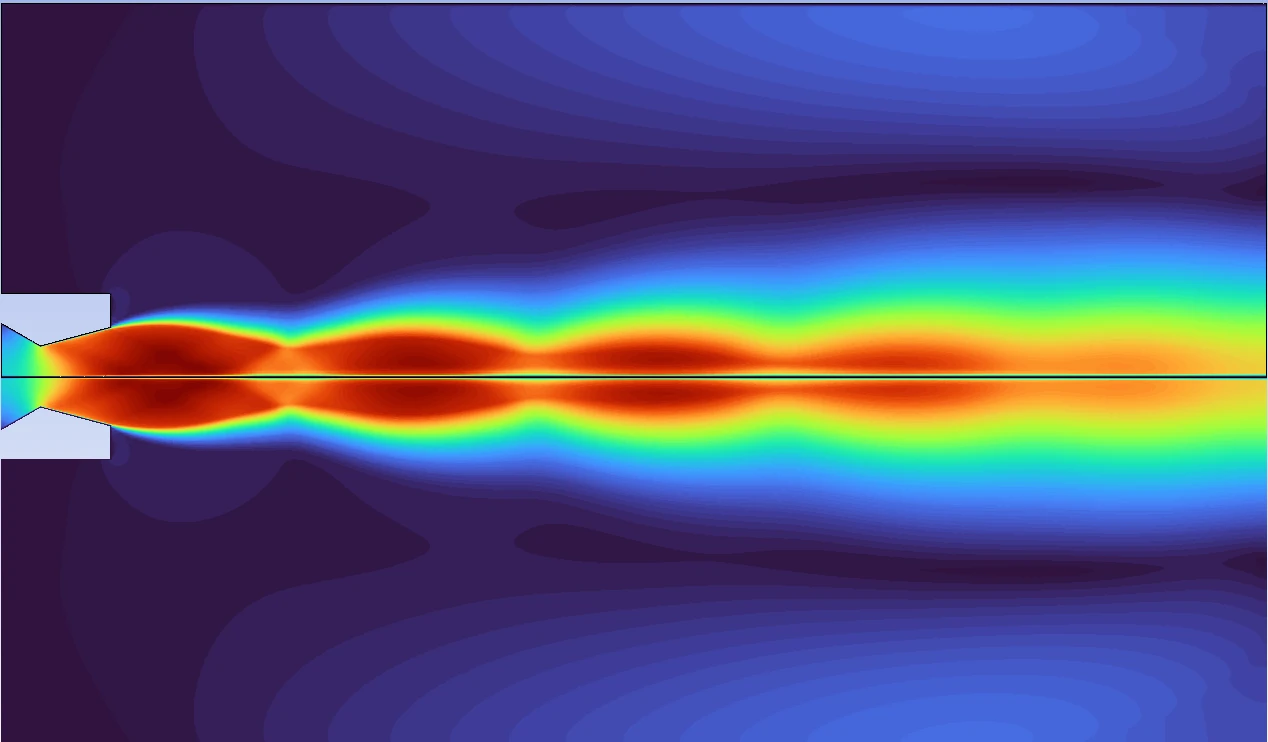 Flow-simulation image of the rocket-engine chamber and nozzle.