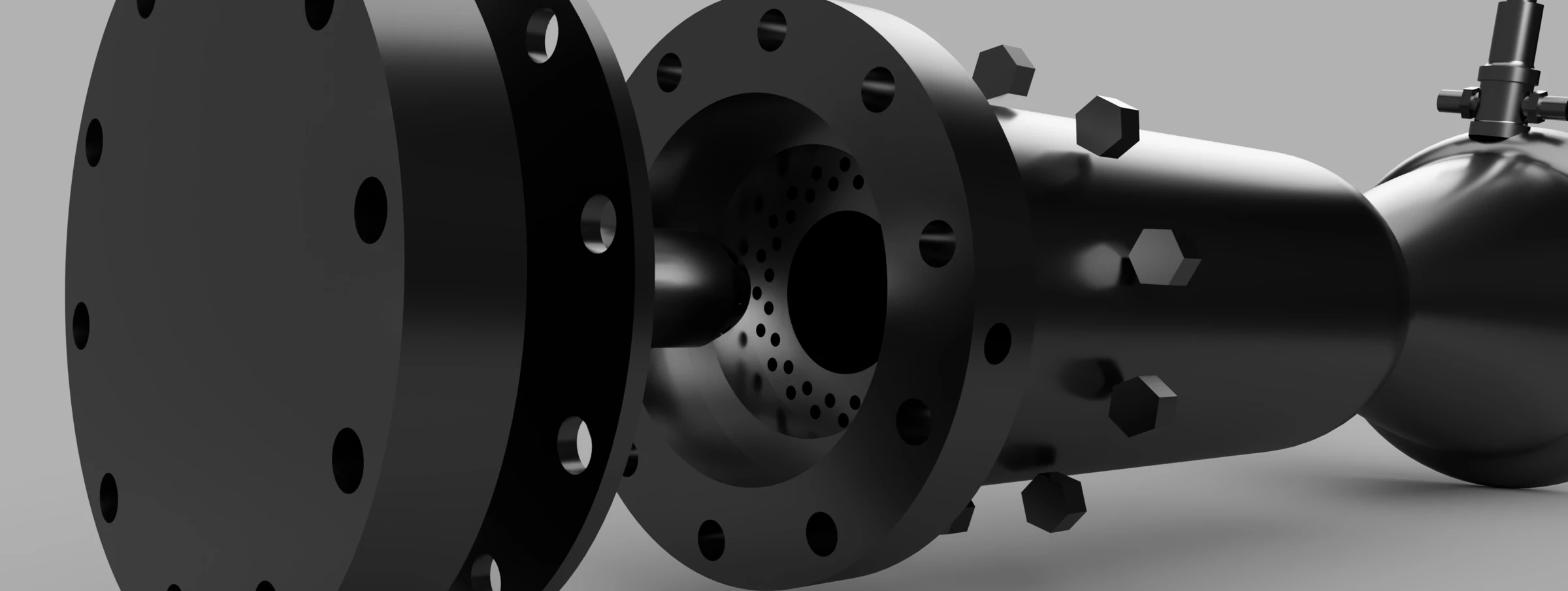 Detailed CAD view of the engine backplate, propellant interfaces and pintle injector.