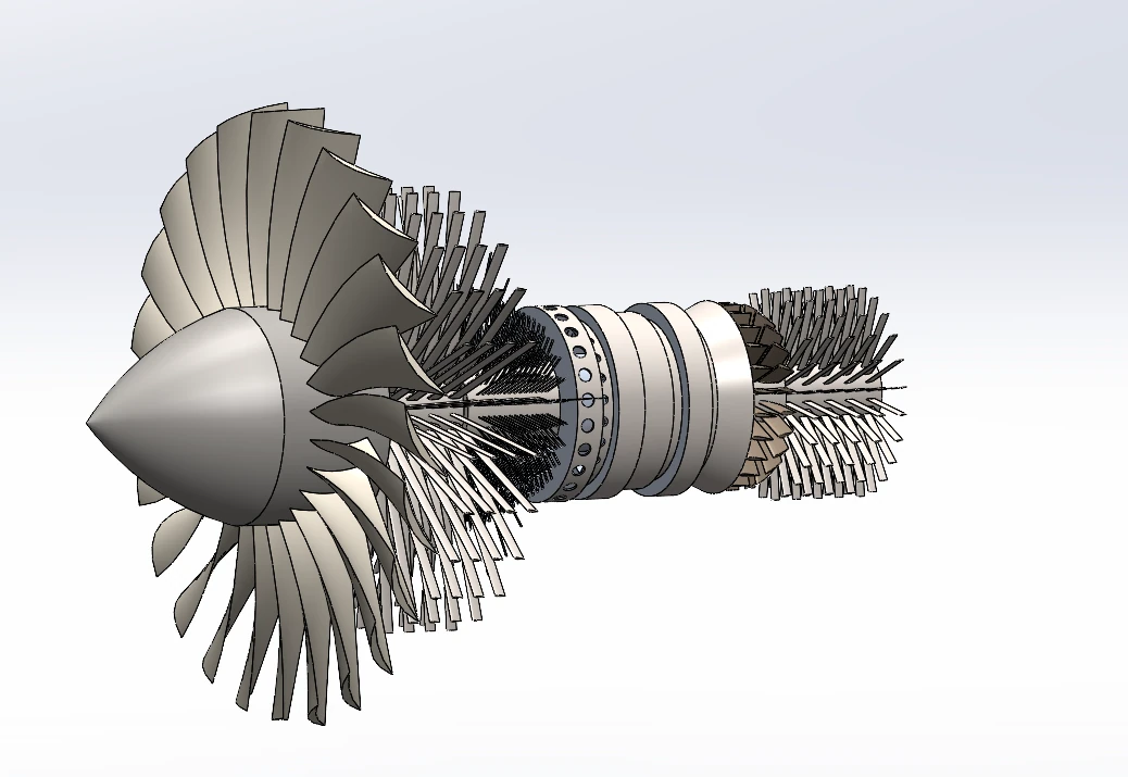 Turbofan CAD assembly with the outer housing hidden to reveal rotating components.